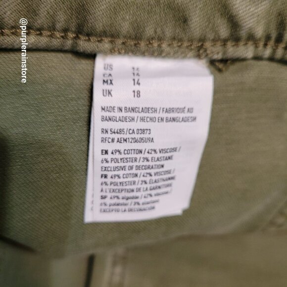 American Eagle Mini Skirt 14 Super Stretch X Button Flap Raw Hem Olive Country - Picture 5 of 10